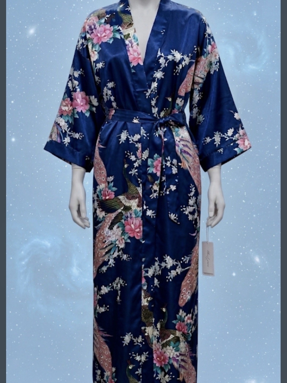 Silk-Feel Navy Floral Kimono Robe with Belt